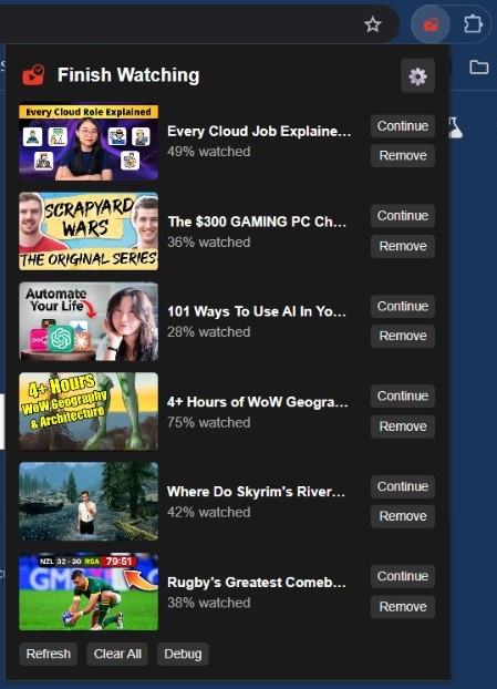 Extension popup showing video list with progress indicators