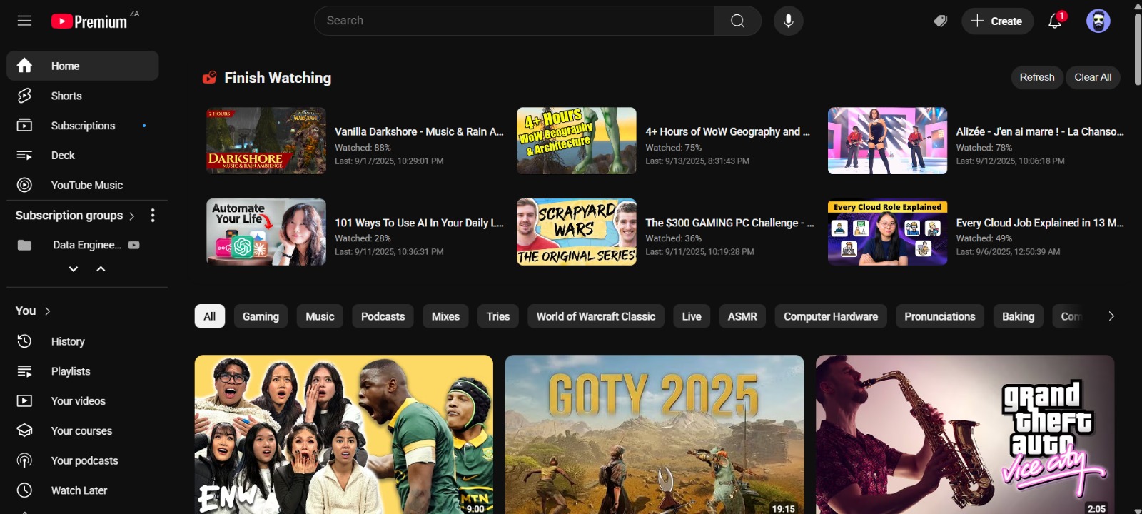 YouTube Homepage showing Finish Watching section